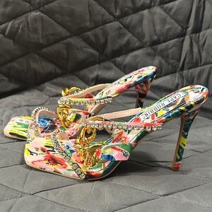 Cape Robbin Multicolor Floral Heels with Gold and Crystal Accents
